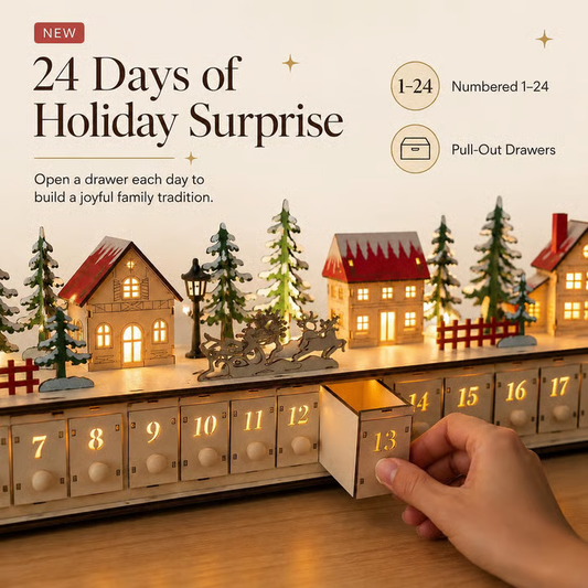 Light-Up Wooden Christmas Village Advent Calendar🎄 – 24 Fillable Drawers